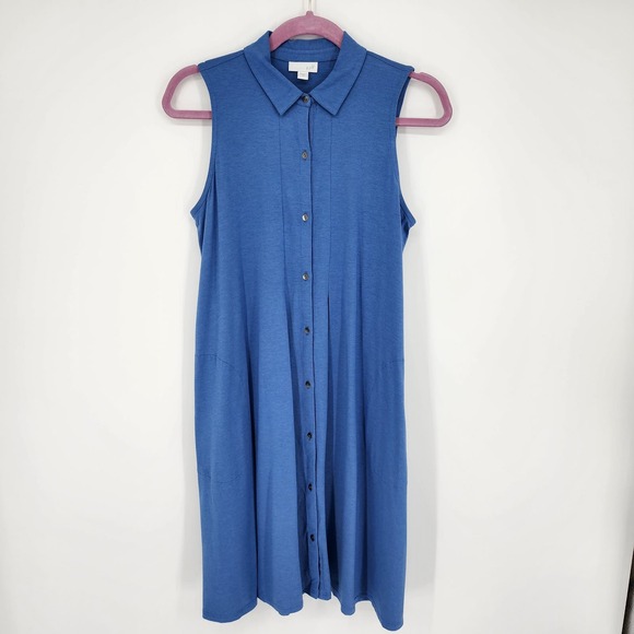 J Jill Swing Shirt Dress XS Button Down Sleeveless A Line Pima Cotton Modal Blue - Picture 2 of 12